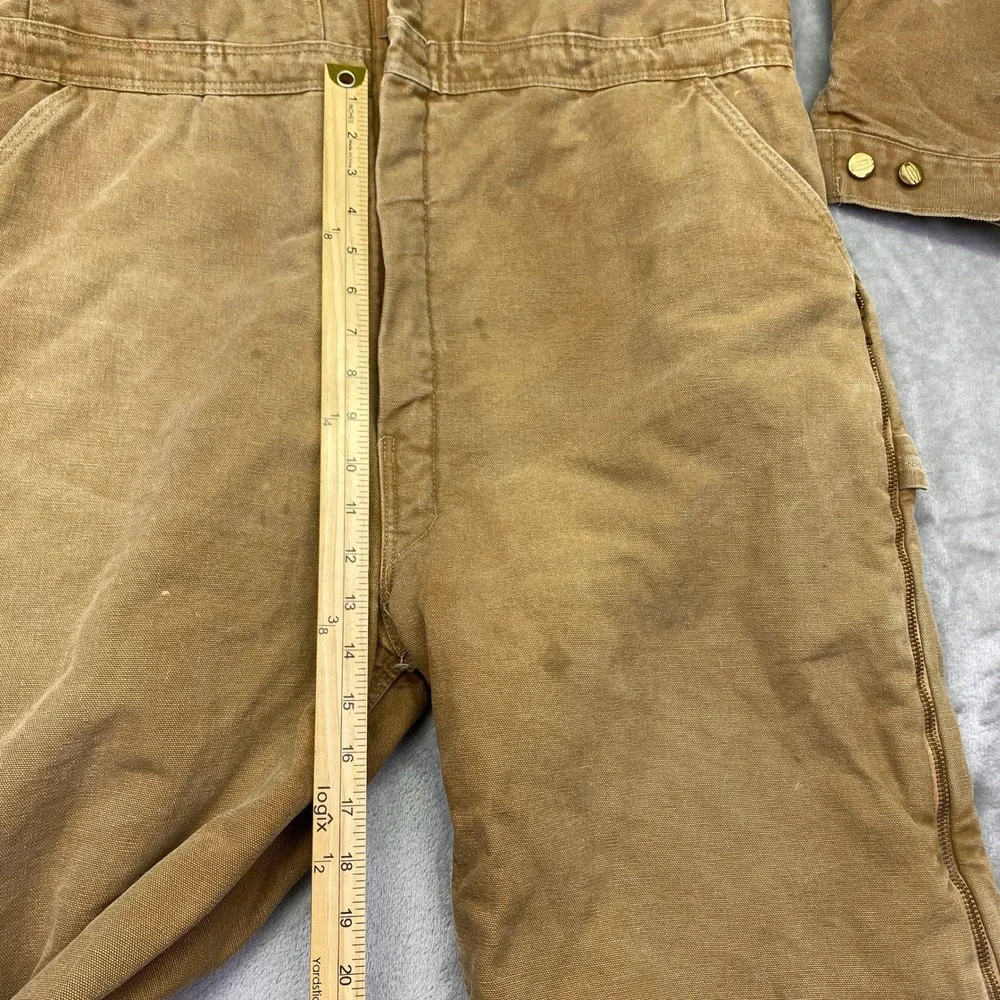 VTG Carhartt Duck Canvas Quilt Lined Coveralls Brown 44 S Distressed 9960Z Zip‎